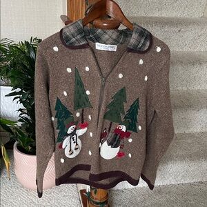 Vintage Victoria Jones Petite Wool Blend Cardigan Snowman Holiday Christmas